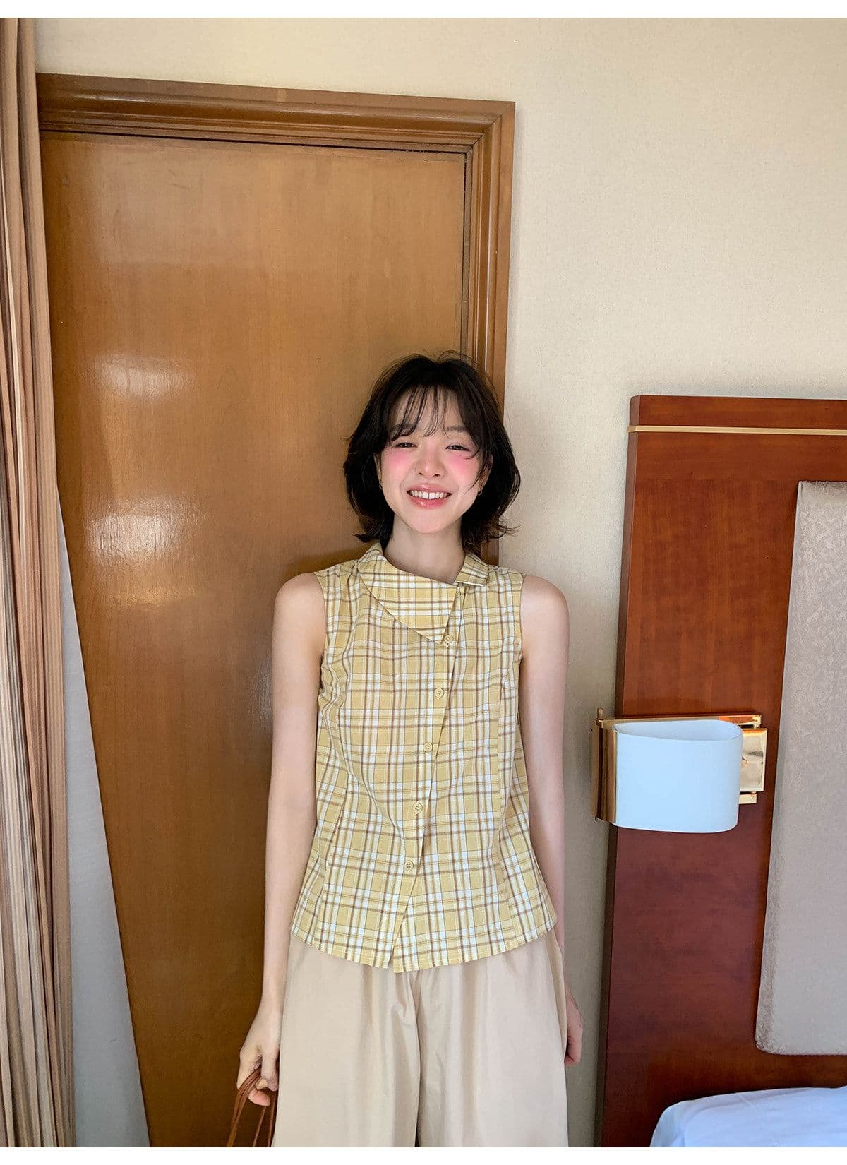 안녕하세요. 대포 디자인 센스 폴로 칼라 민소매 여성 셔츠 여름 새로운 체크무늬 작은 셔츠 캐주얼 다용도 맨위 트렌디 상세 이미지 23