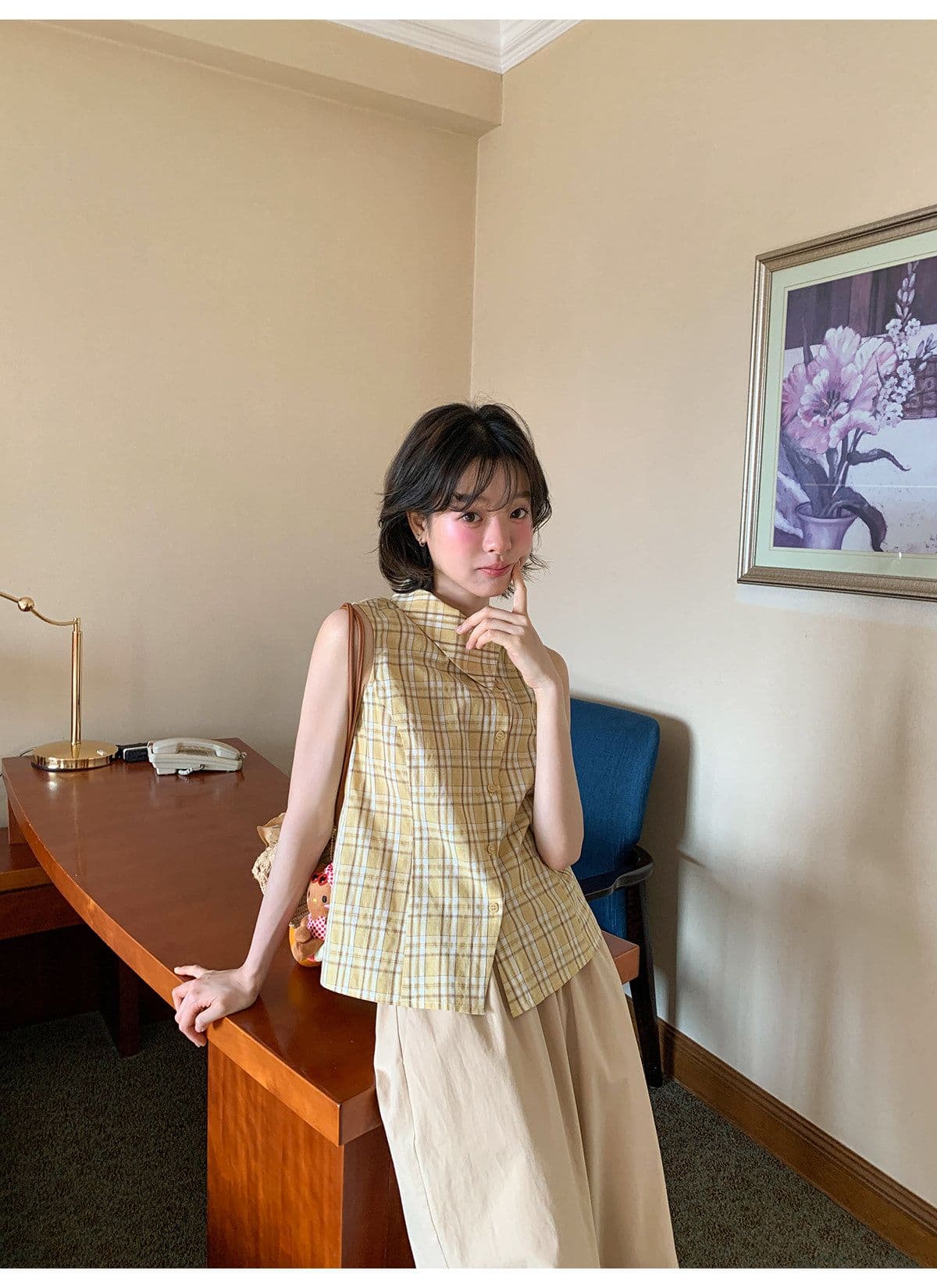 안녕하세요. 대포 디자인 센스 폴로 칼라 민소매 여성 셔츠 여름 새로운 체크무늬 작은 셔츠 캐주얼 다용도 맨위 트렌디 상세 이미지 25