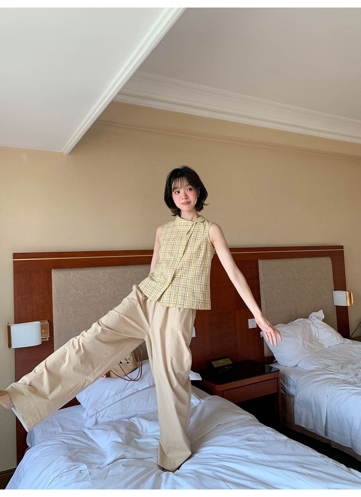 안녕하세요. 대포 디자인 센스 폴로 칼라 민소매 여성 셔츠 여름 새로운 체크무늬 작은 셔츠 캐주얼 다용도 맨위 트렌디 상세 이미지 26