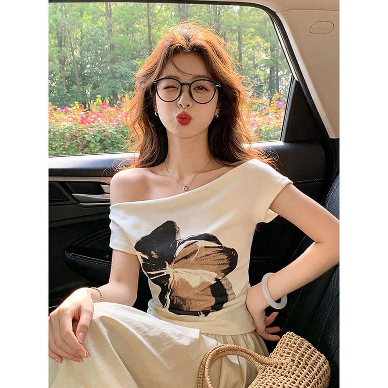 사람들 면 모달 260 그램 불규칙 한 단어 비스듬한 어깨 쇼트 스타일 티셔츠 여성 여름 몸매 가꾸기 오프숄더 반팔 맨위