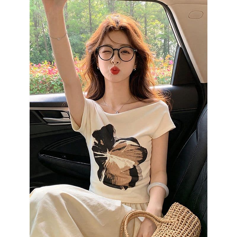사람들 면 모달 260 그램 불규칙 한 단어 비스듬한 어깨 쇼트 스타일 티셔츠 여성 여름 몸매 가꾸기 오프숄더 반팔 맨위 상세 이미지 3