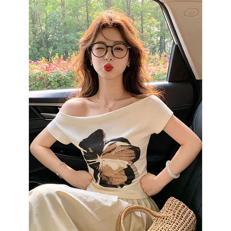사람들 면 모달 260 그램 불규칙 한 단어 비스듬한 어깨 쇼트 스타일 티셔츠 여성 여름 몸매 가꾸기 오프숄더 반팔 맨위 상세 이미지 5