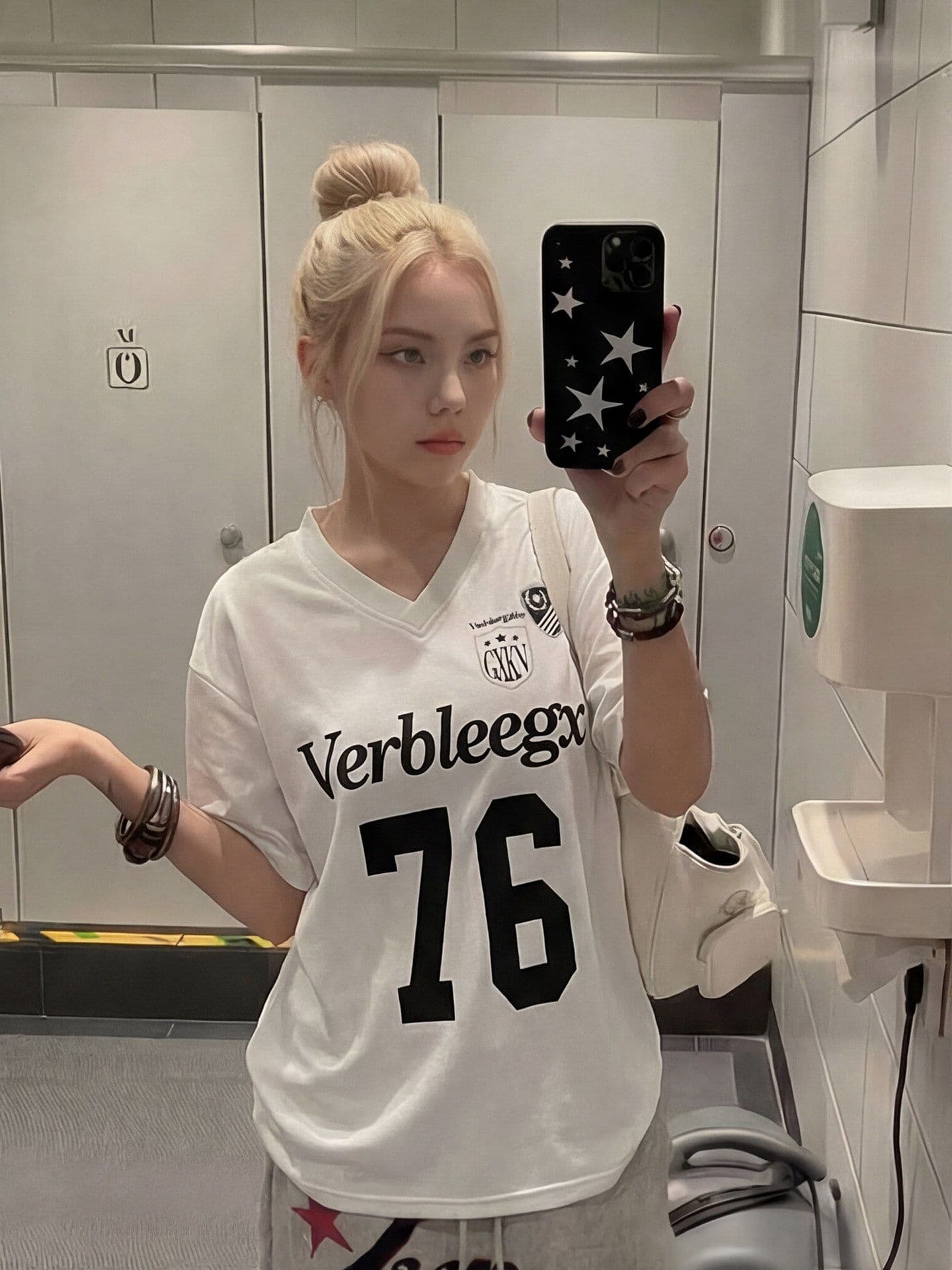 이후 패키지 칼라 보안 버클 원단 단일 구멍 얼굴 버드 눈 V넥 루즈핏 프린트 반팔 알파벳 티셔츠 여성 여름 이미지 3