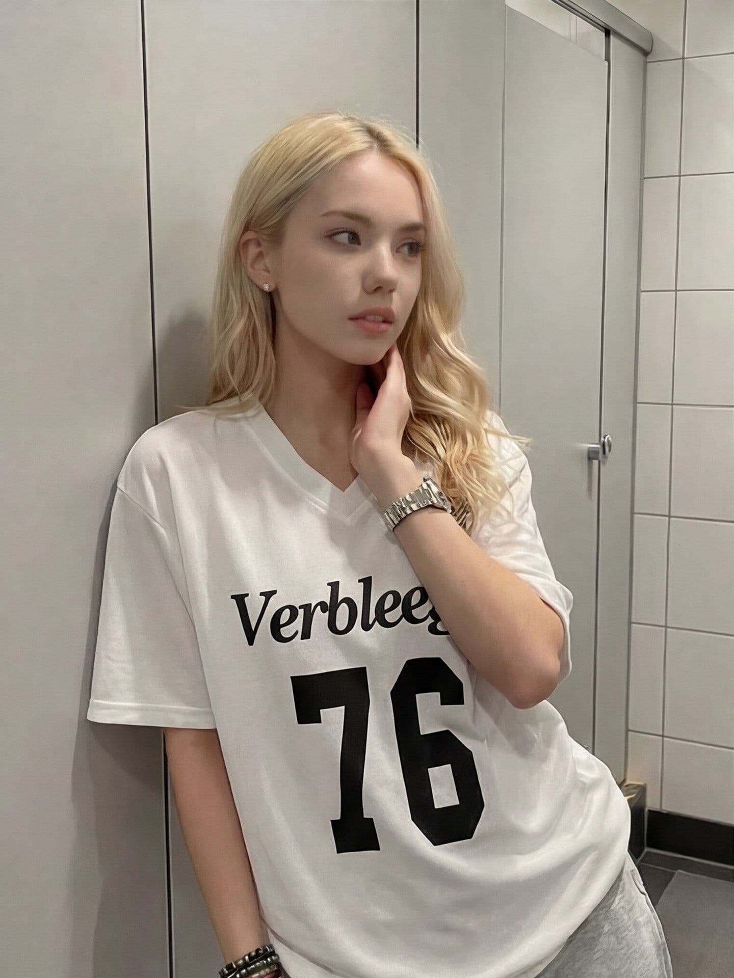 이후 패키지 칼라 보안 버클 원단 단일 구멍 얼굴 버드 눈 V넥 루즈핏 프린트 반팔 알파벳 티셔츠 여성 여름 이미지 2