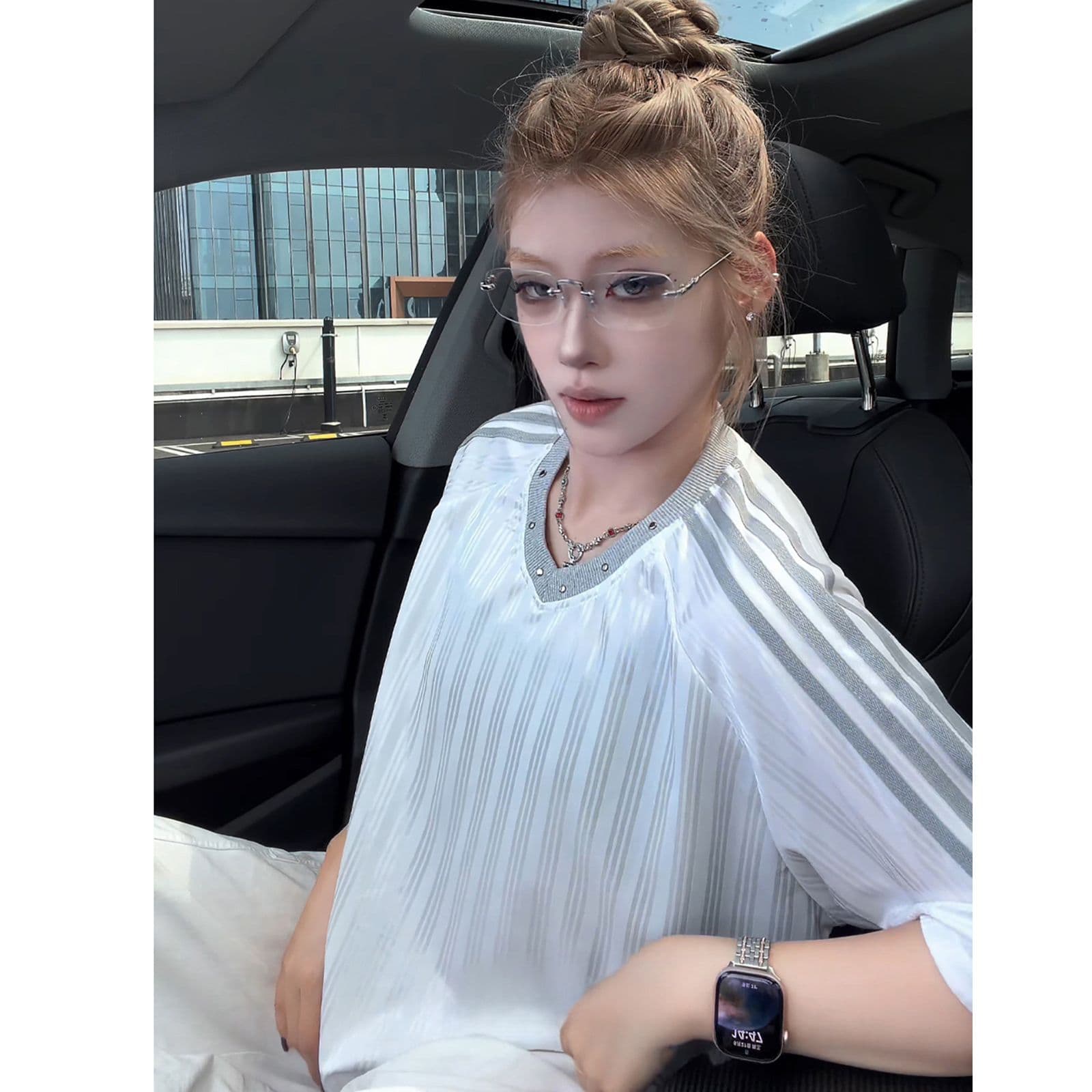 원본 솜씨 원본 원단 아메리칸 높음 거리 V넥 뜨거운 구슬 스트라이프 반팔 제안 루즈핏 티셔츠 남녀 여름 이미지 5
