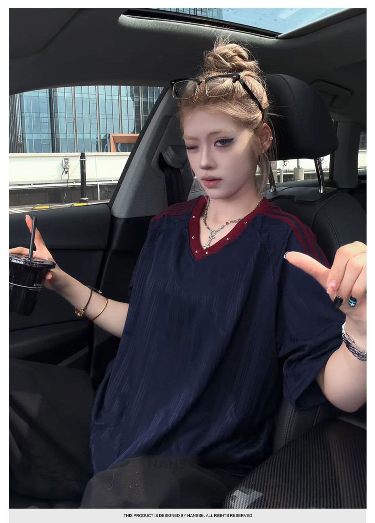 원본 솜씨 원본 원단 아메리칸 높음 거리 V넥 뜨거운 구슬 스트라이프 반팔 제안 루즈핏 티셔츠 남녀 여름 상세 이미지 2