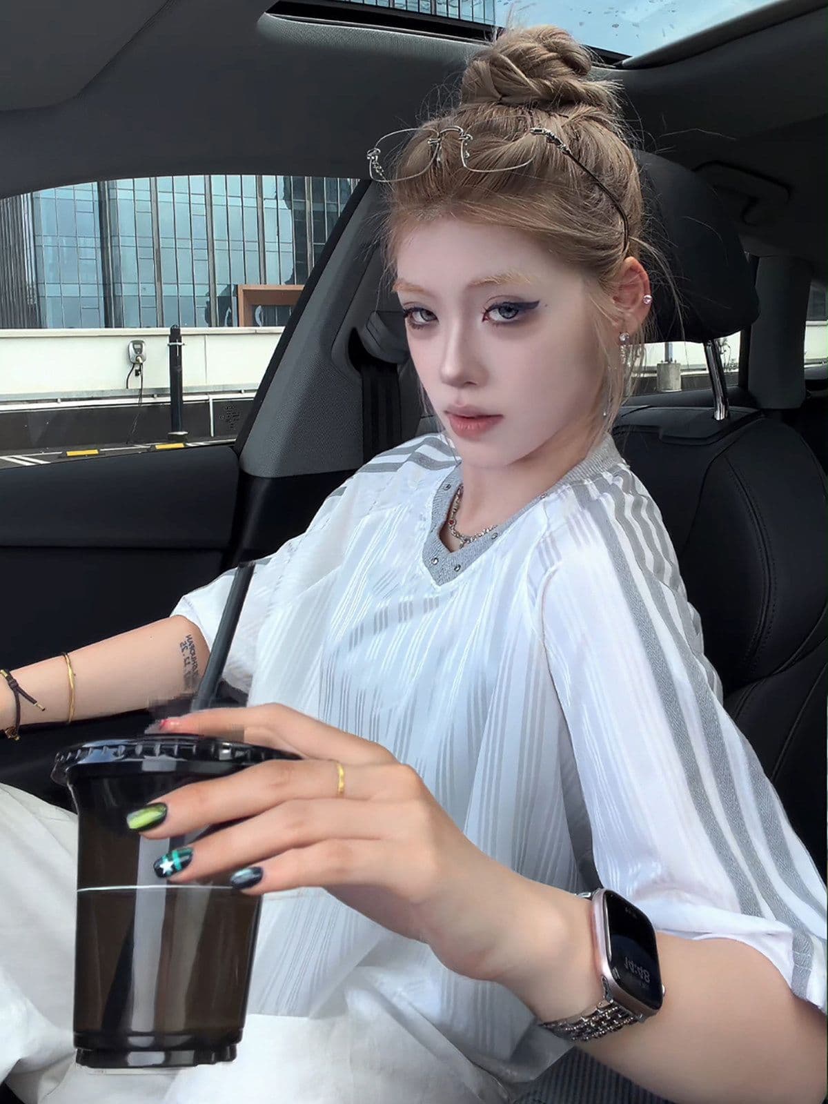 원본 솜씨 원본 원단 아메리칸 높음 거리 V넥 뜨거운 구슬 스트라이프 반팔 제안 루즈핏 티셔츠 남녀 여름 상세 이미지 16