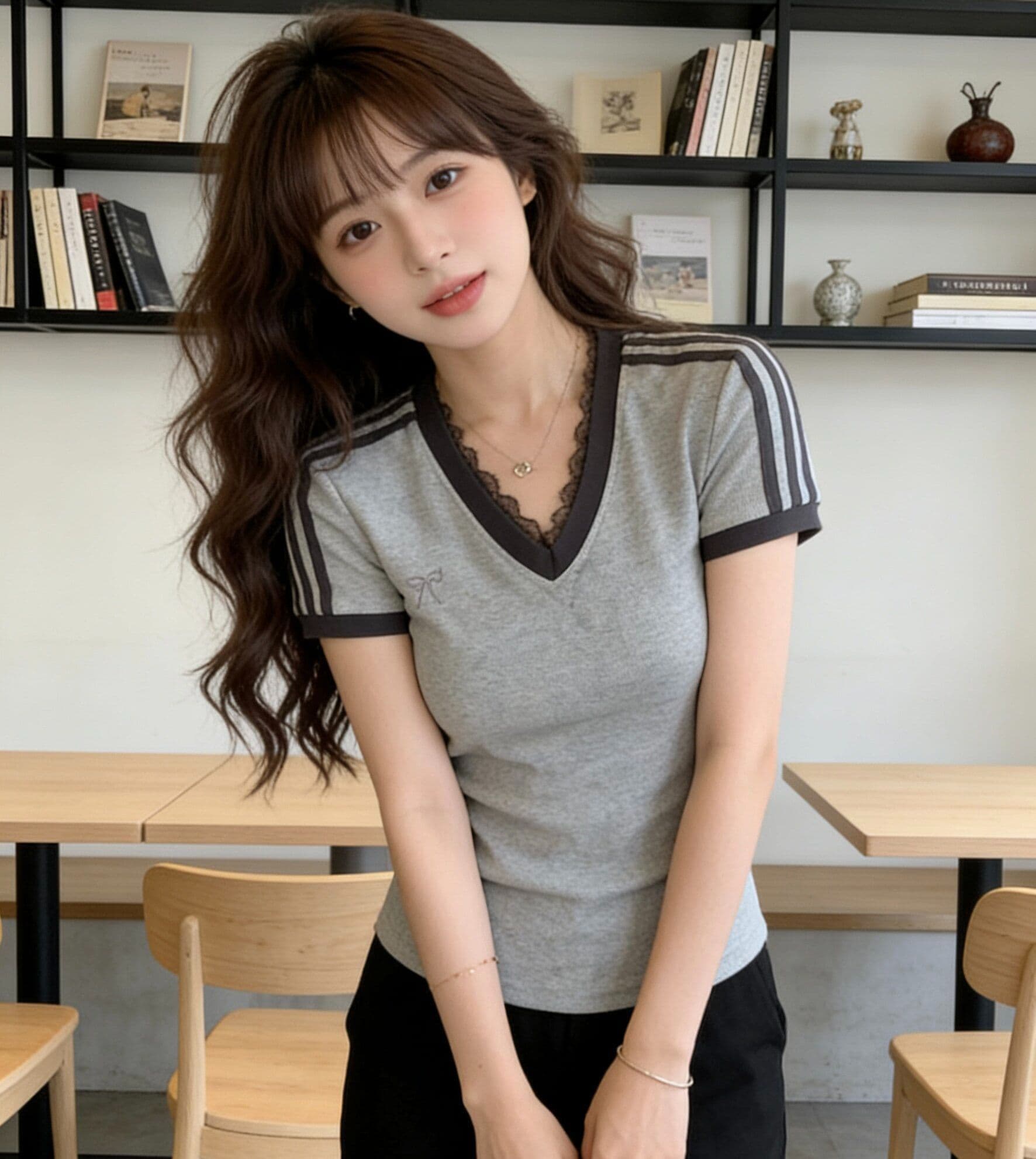 260 그램 사람들 면 레이스 레이스 V넥 반팔 티셔츠 여성 여름 새로운 긍정적 인 어깨 스트라이프 몸매 가꾸기 디스플레이 얇고 작은 맨위 상세 이미지 8