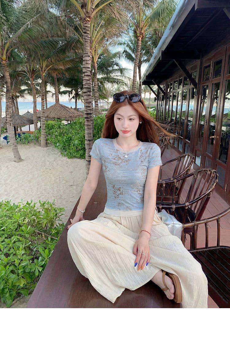 원본 망사 핫픽스 한 부서 파란색 페이크 레이어드 긍정적 인 어깨 반팔 티셔츠 여성 여름 몸매 가꾸기 디자인 센스 맨위 상세 이미지 2
