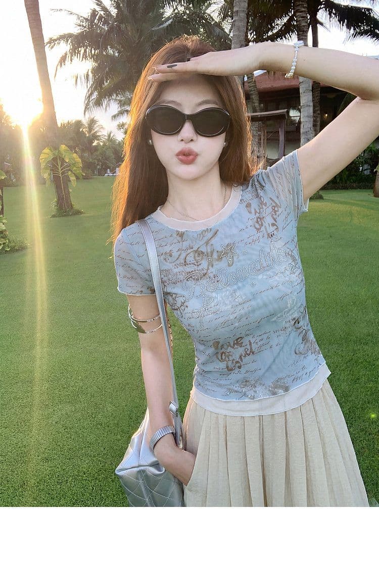 원본 망사 핫픽스 한 부서 파란색 페이크 레이어드 긍정적 인 어깨 반팔 티셔츠 여성 여름 몸매 가꾸기 디자인 센스 맨위 상세 이미지 10