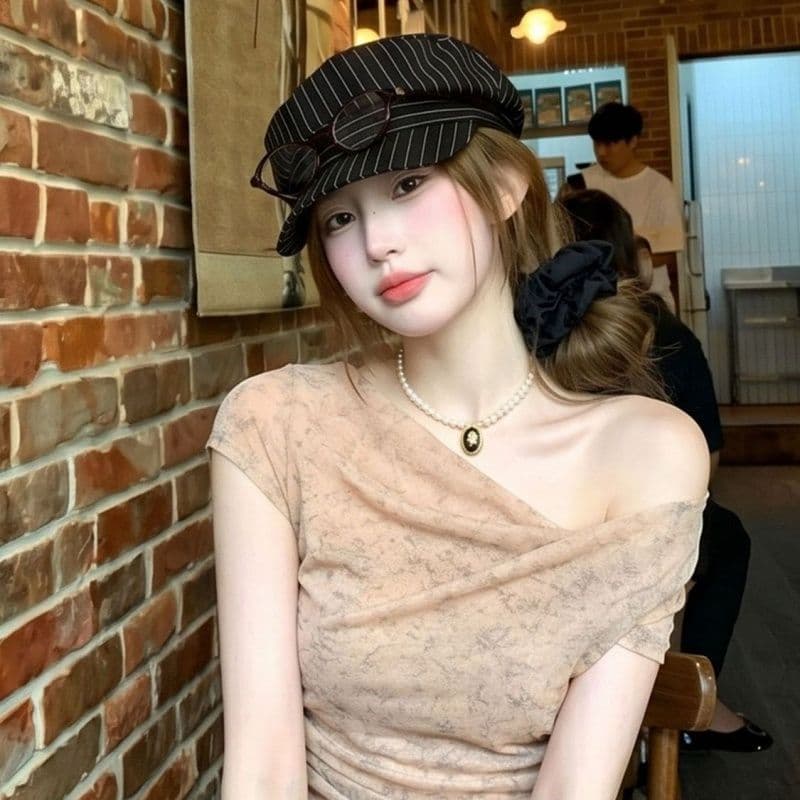 경관 그림 광저우 원본 원단 비스듬한 어깨 십자가 오트밀 색 후광 염색 프린트 부드러운 바람 여름 새로운 이미지 4