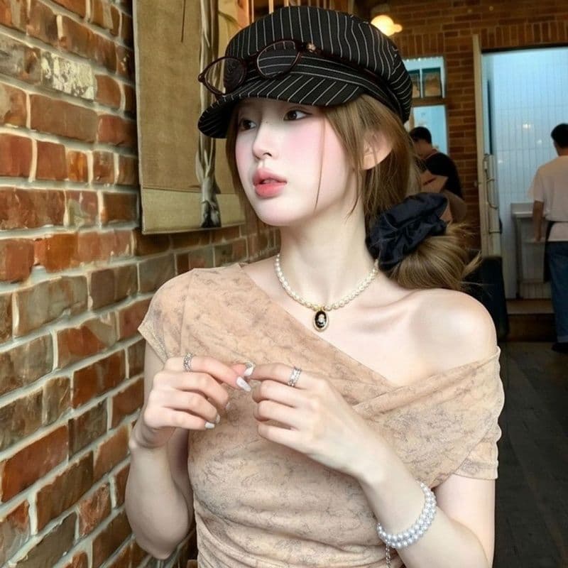 경관 그림 광저우 원본 원단 비스듬한 어깨 십자가 오트밀 색 후광 염색 프린트 부드러운 바람 여름 새로운 이미지 3