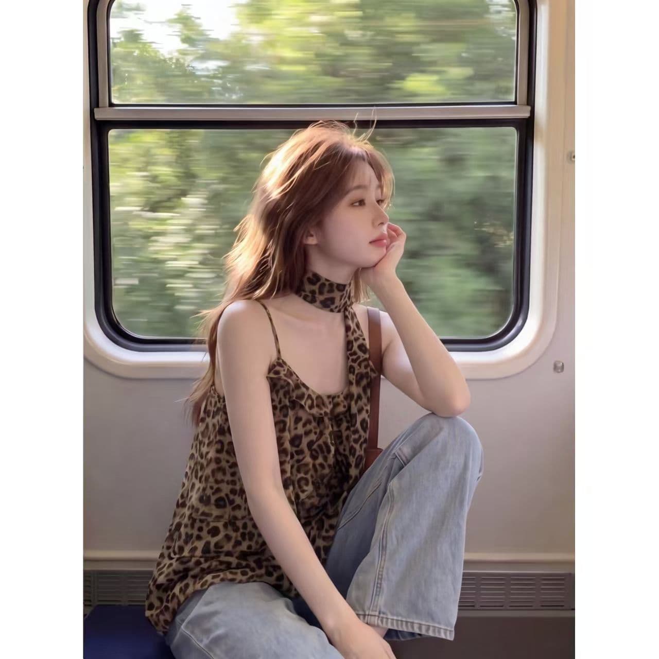 경관 그림 원본 원단 복잡한 고대 돈 바람 레오파드 무늬 느긋한 느슨함 캐미솔 여름 이미지 2