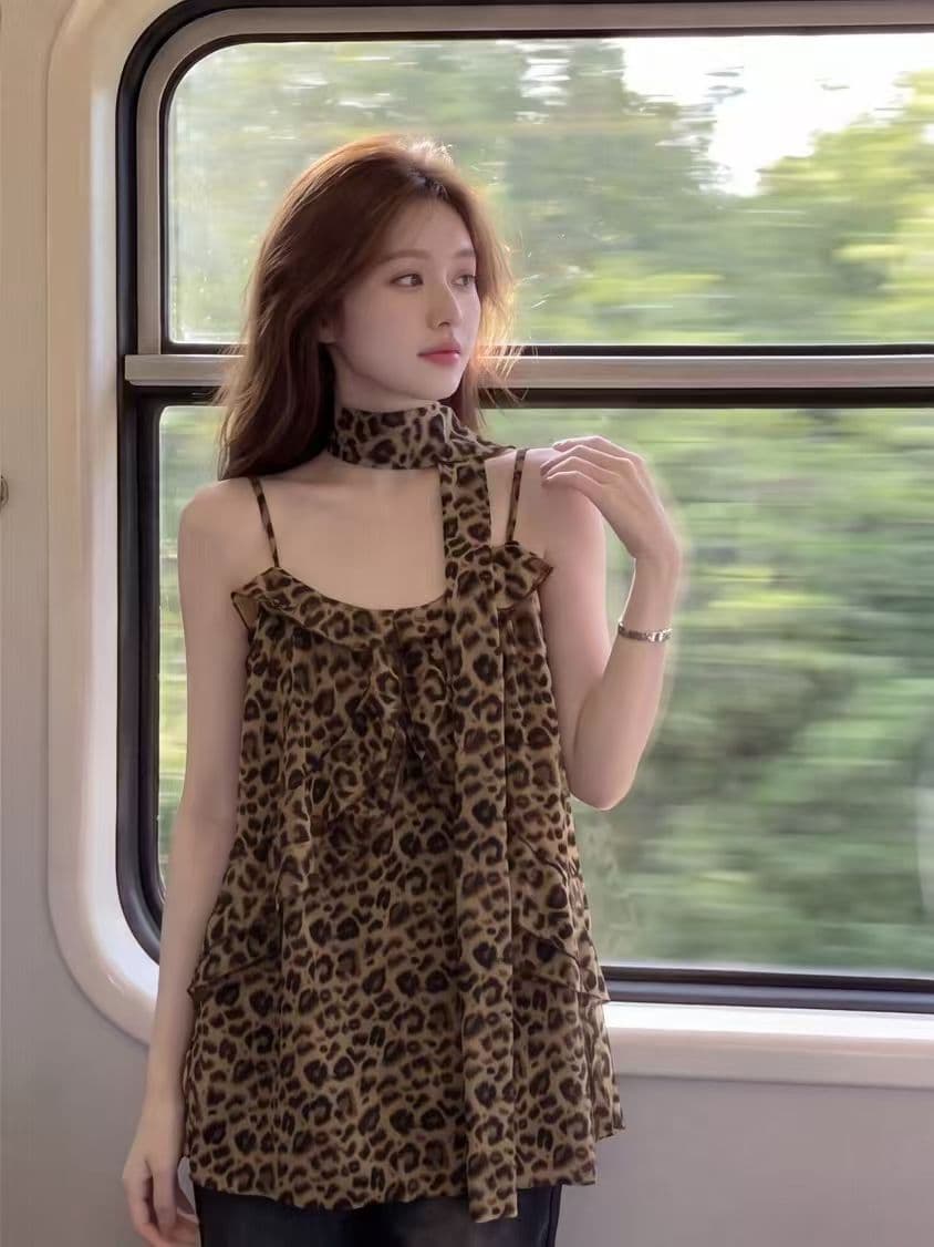 경관 그림 원본 원단 복잡한 고대 돈 바람 레오파드 무늬 느긋한 느슨함 캐미솔 여름