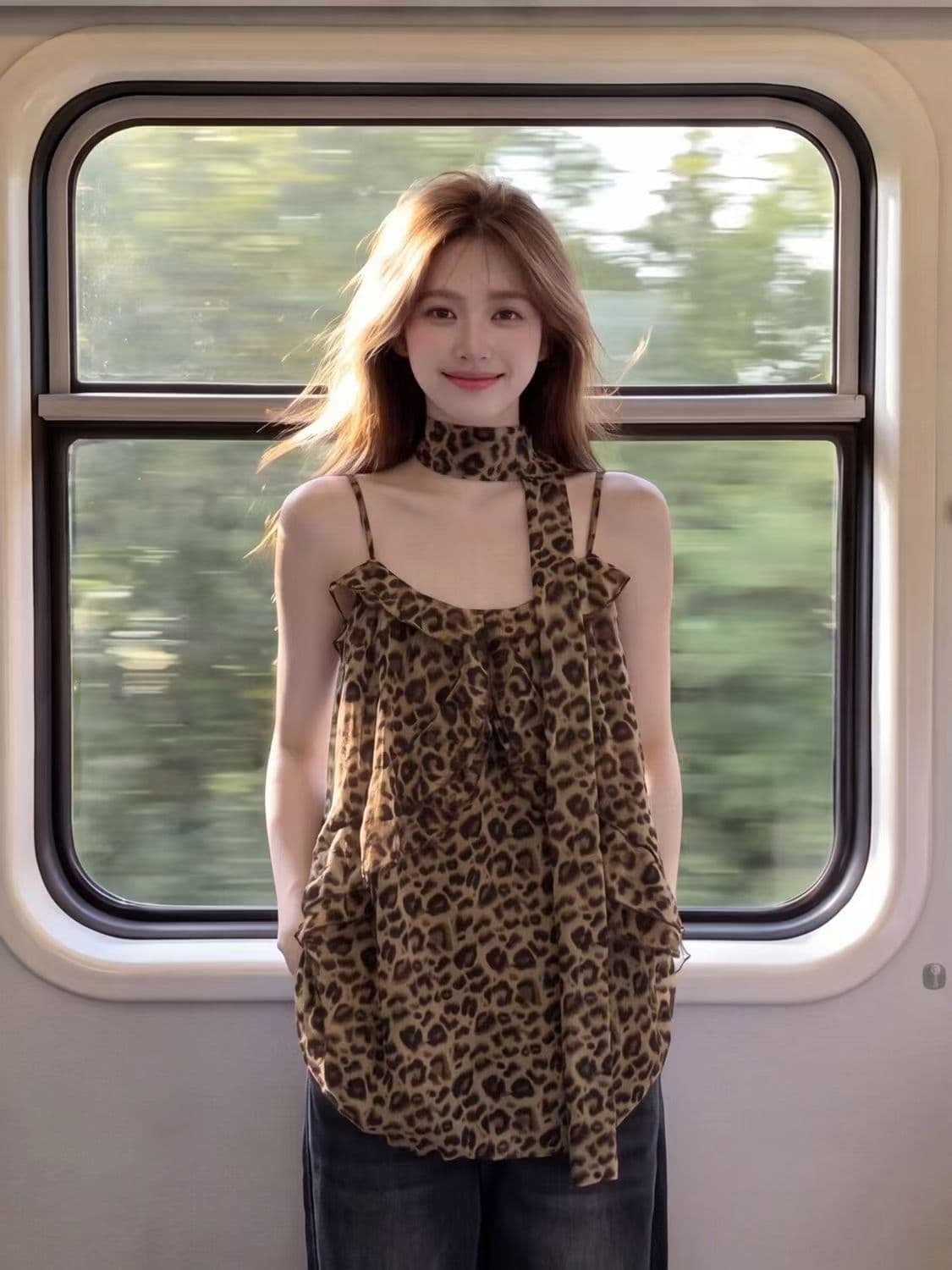경관 그림 원본 원단 복잡한 고대 돈 바람 레오파드 무늬 느긋한 느슨함 캐미솔 여름 상세 이미지 4