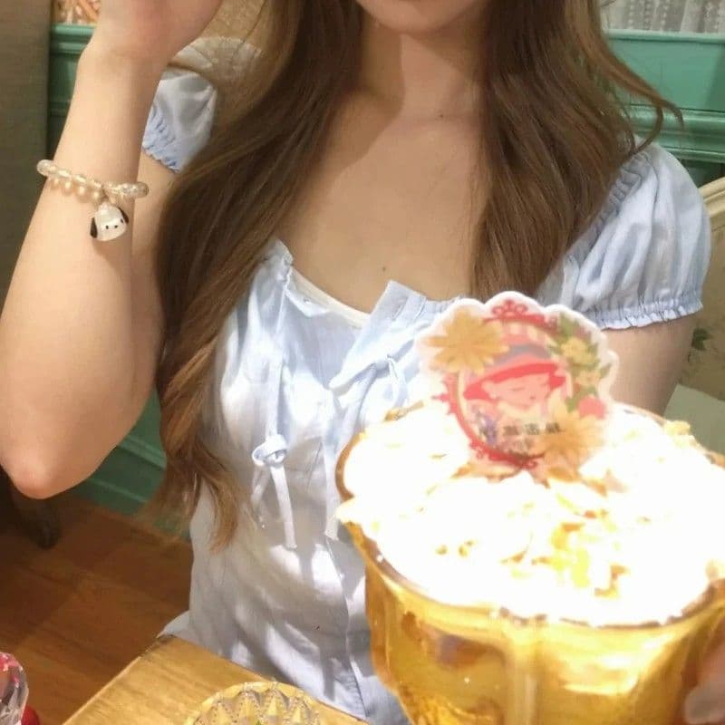 프랑스식 학원 스타일 파란색 반팔 여성 셔츠 여름 섹션 디자인 센스 허리 수축 몸매 가꾸기 슬림해 보이는 프릴 달콤함 맨위 이미지 3