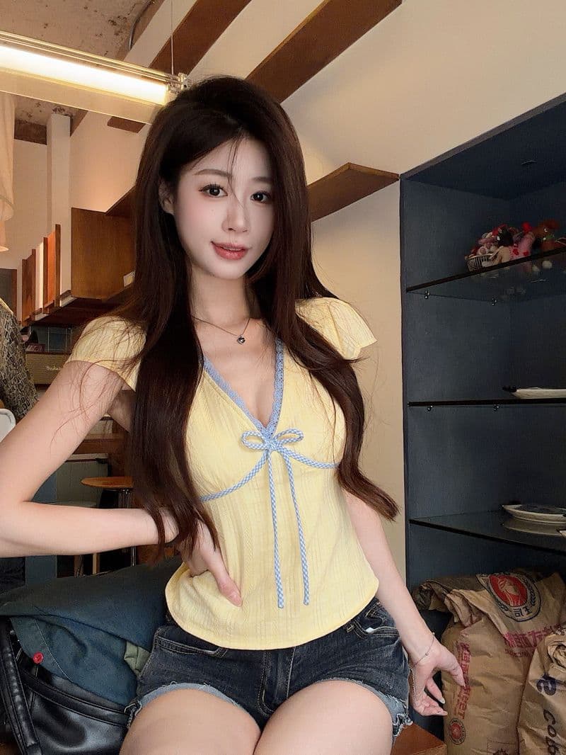 한 부서 순수한 욕망 배색 V넥 반팔 티셔츠 여성 여름 허리 수축 슬림해 보이는 레이스 레이스 품격 맨위 2026 새로운 상세 이미지 10