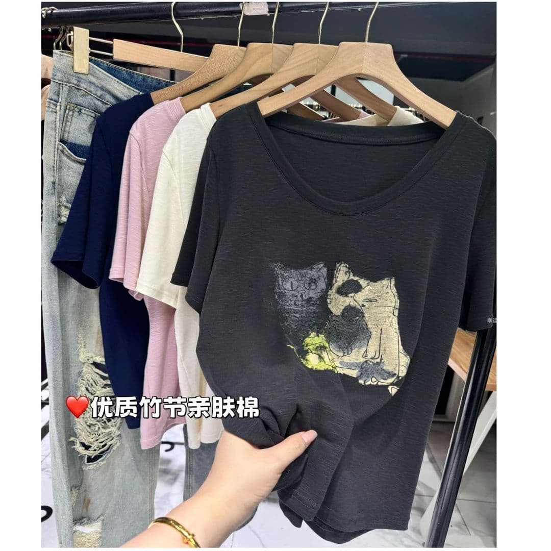 원래 가격 프린트 광저우 원본 원단 대나무 마디 면 반팔 티셔츠 여성