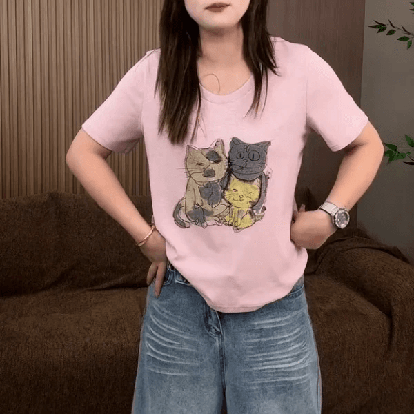 원래 가격 프린트 광저우 원본 원단 대나무 마디 면 반팔 티셔츠 여성 이미지 4