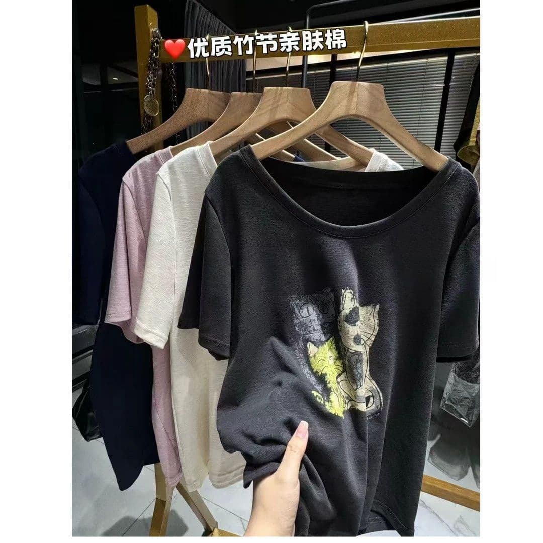 원래 가격 프린트 광저우 원본 원단 대나무 마디 면 반팔 티셔츠 여성 이미지 3