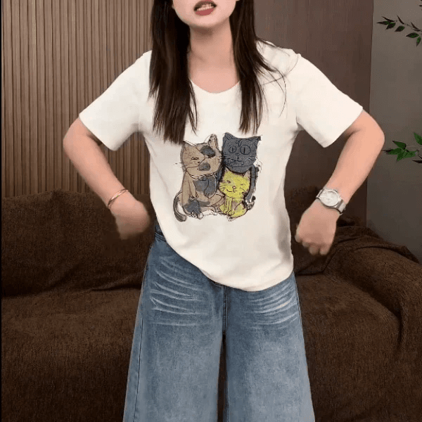 원래 가격 프린트 광저우 원본 원단 대나무 마디 면 반팔 티셔츠 여성 상세 이미지 4