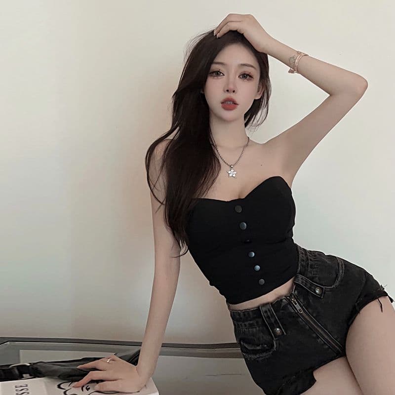 실사 흔들어서 톤 주간 고양이 품질 섹시함 포장 가슴 맨위 여성 보트넥 오프숄더 타이트 디스플레이 가슴 조끼 이미지 2