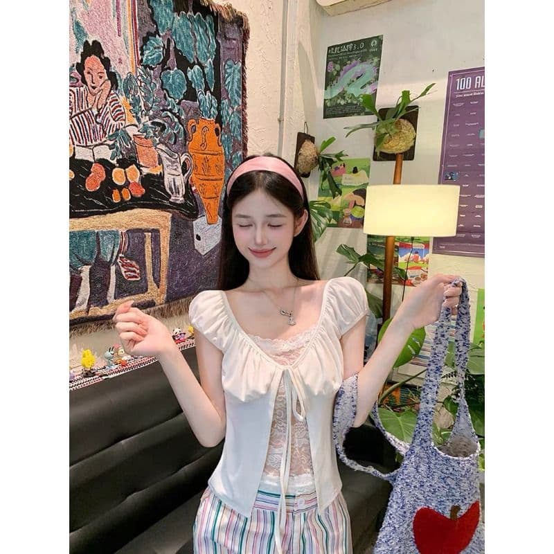 화이트 페이크 레이어드 레이스 조각 거품 소매 티셔츠 여성 여름 디자인 센스 작은 대중 레이스업 달콤한 매운맛 맨위