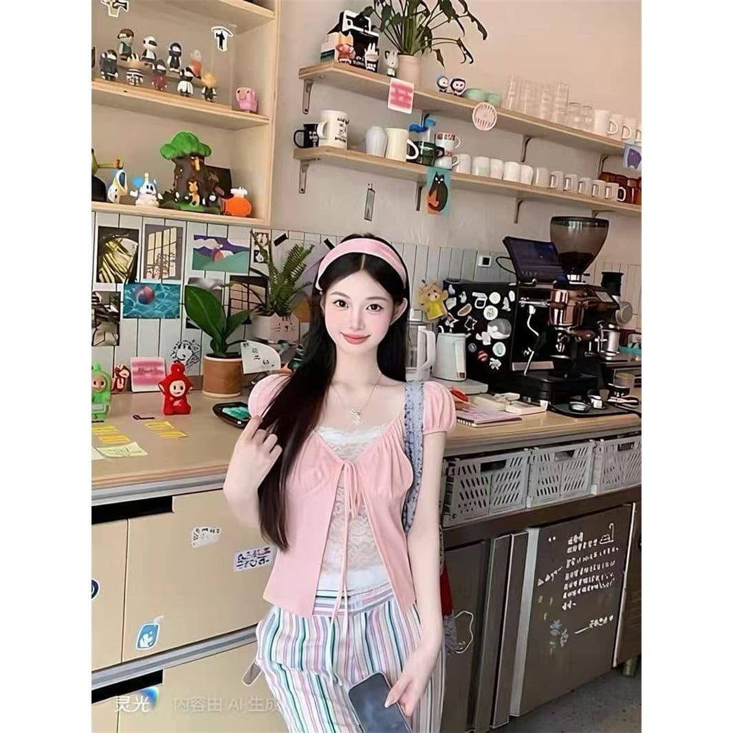 화이트 페이크 레이어드 레이스 조각 거품 소매 티셔츠 여성 여름 디자인 센스 작은 대중 레이스업 달콤한 매운맛 맨위 이미지 4
