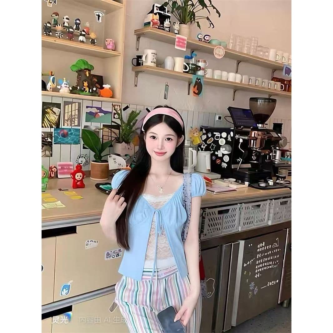 화이트 페이크 레이어드 레이스 조각 거품 소매 티셔츠 여성 여름 디자인 센스 작은 대중 레이스업 달콤한 매운맛 맨위 이미지 5