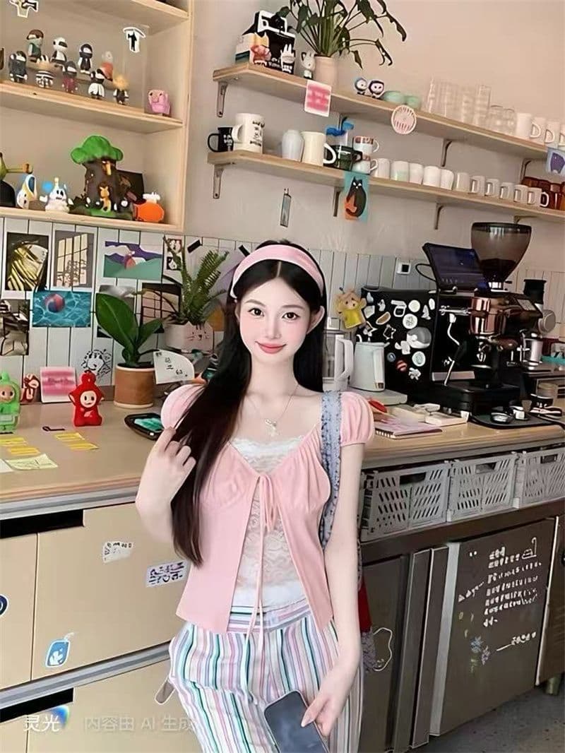 화이트 페이크 레이어드 레이스 조각 거품 소매 티셔츠 여성 여름 디자인 센스 작은 대중 레이스업 달콤한 매운맛 맨위 상세 이미지 8