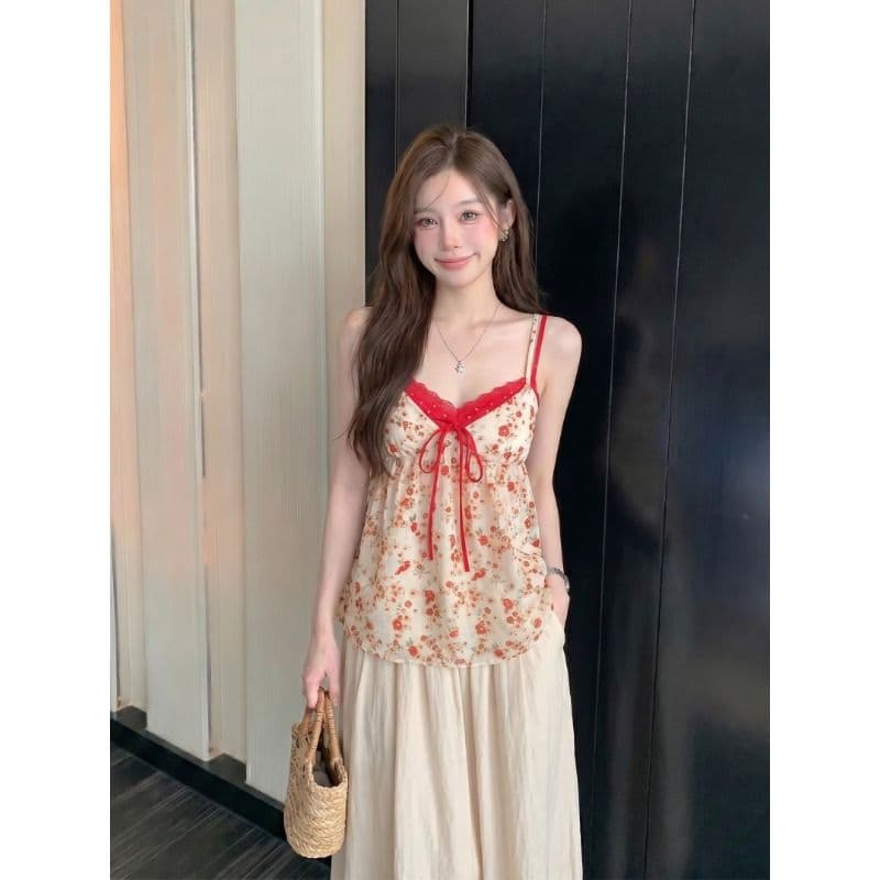 원본 품질 레이스 배색 패치워크 꽃무늬 캐미솔 여름 순수한 욕망 바람 페이크 레이어드 짧은 맨위 이미지 3