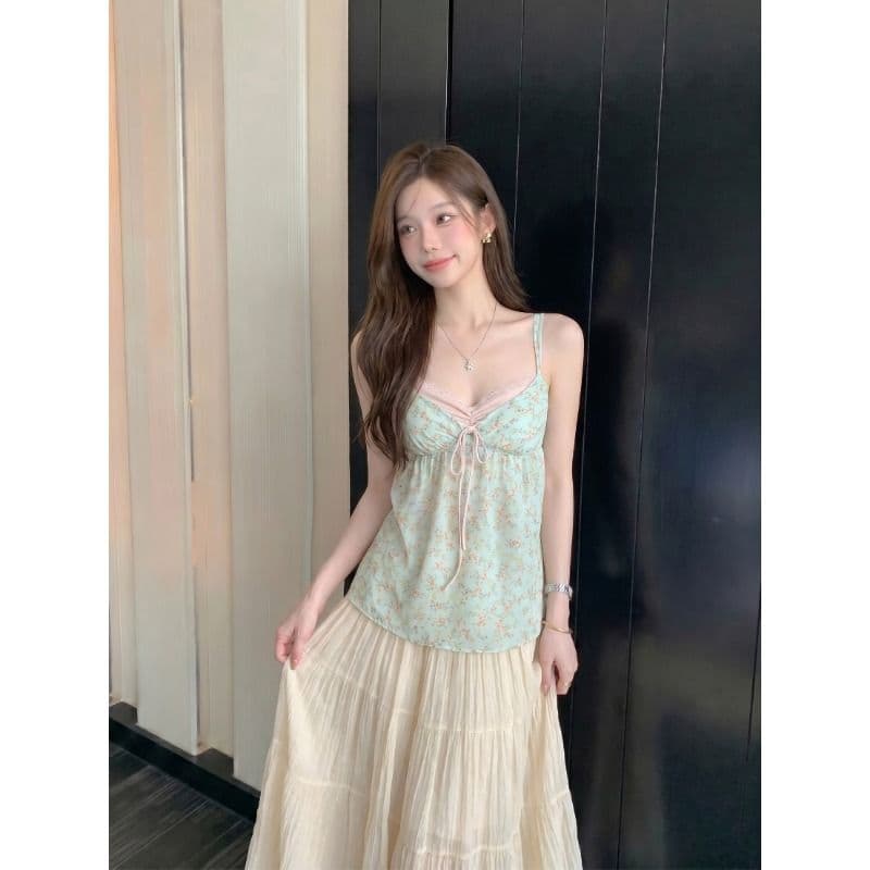 원본 품질 레이스 배색 패치워크 꽃무늬 캐미솔 여름 순수한 욕망 바람 페이크 레이어드 짧은 맨위 이미지 2