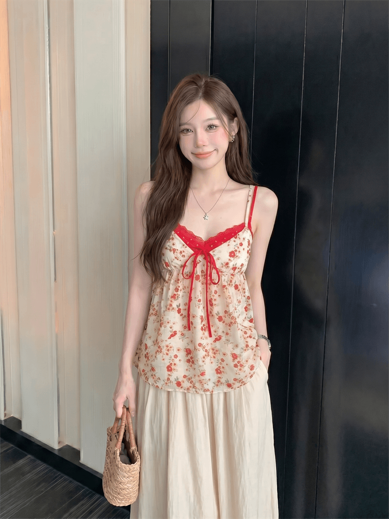 원본 품질 레이스 배색 패치워크 꽃무늬 캐미솔 여름 순수한 욕망 바람 페이크 레이어드 짧은 맨위 상세 이미지 3