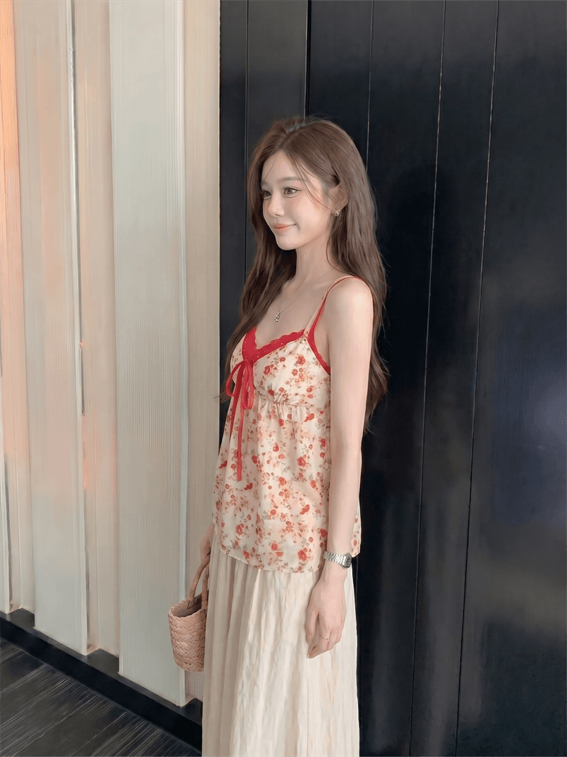 원본 품질 레이스 배색 패치워크 꽃무늬 캐미솔 여름 순수한 욕망 바람 페이크 레이어드 짧은 맨위 상세 이미지 4