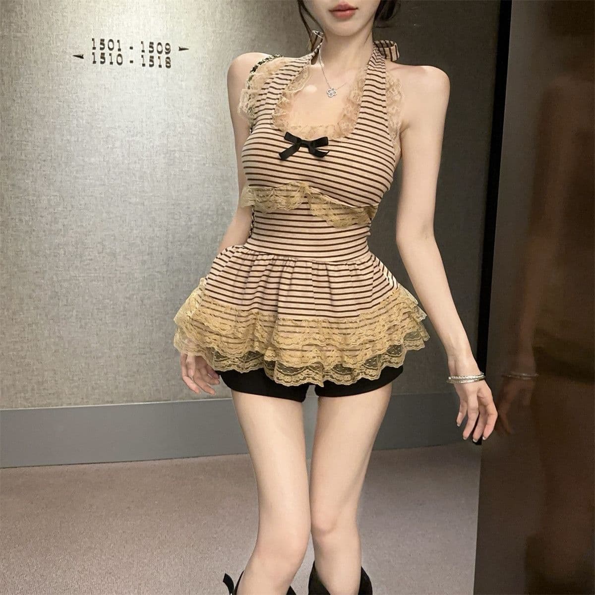 원본 원단 벨트 가슴 패드 무거운 작업 레이스 나비 매듭 행침 목 허리 수축 캐미솔 맨위 상세 이미지 4