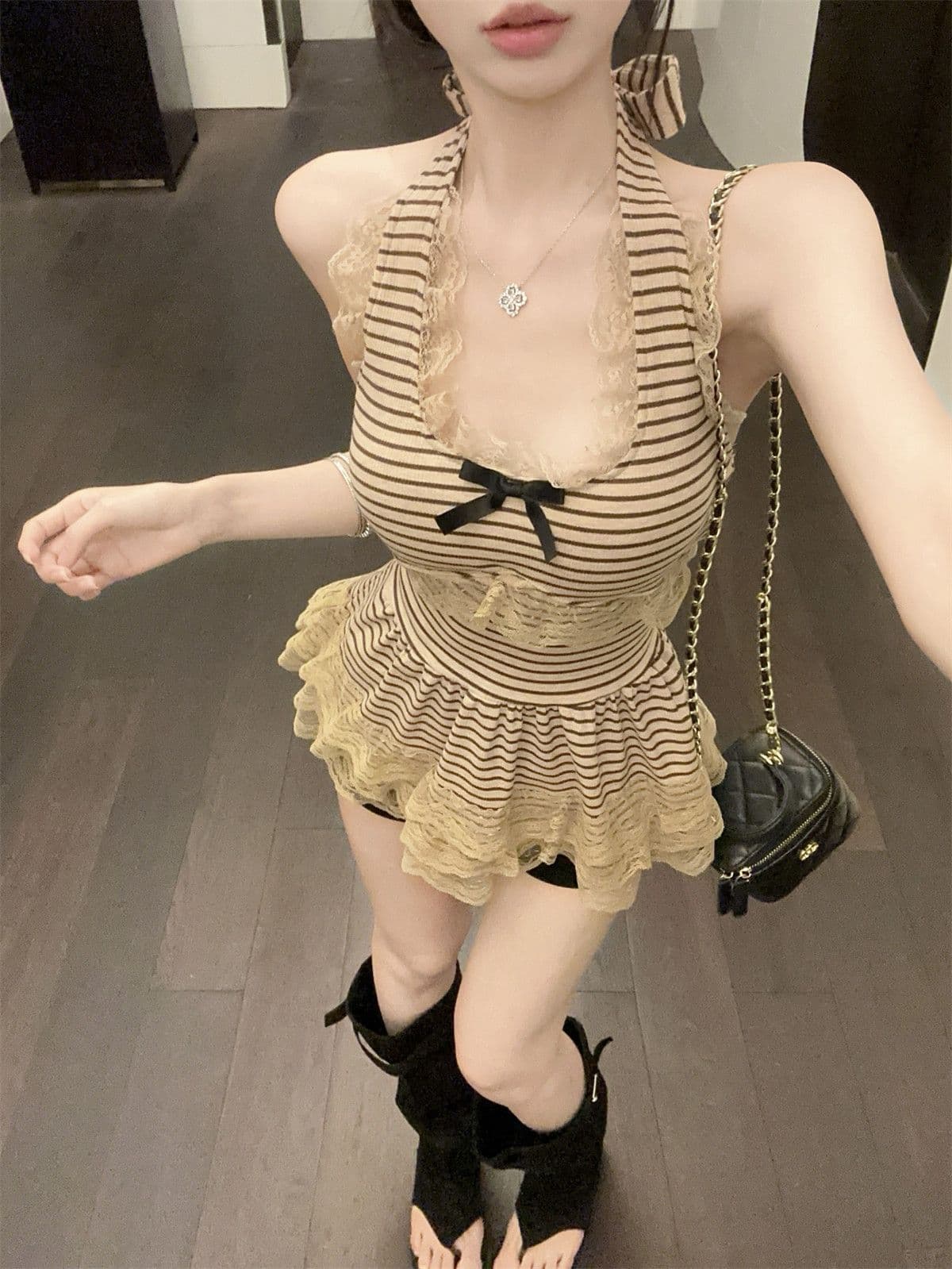 원본 원단 벨트 가슴 패드 무거운 작업 레이스 나비 매듭 행침 목 허리 수축 캐미솔 맨위 상세 이미지 6