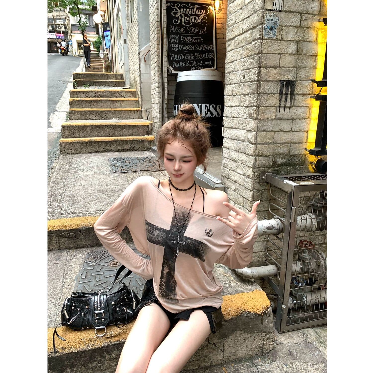 원본 주간 실크 빛 아시아 인 바람 느긋한 십자가 블라우스 여성 여름 순수한 욕망 마이크로 ~을 통해 얇은 스타일 비스듬한 어깨 긴팔 이미지 4