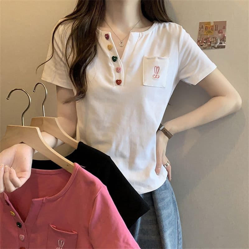 원본 원단 빅 사이즈 지방 mm 반팔 티셔츠 여성 주머니 자수 POLO 셔츠 곡선 밑단 이미지 4