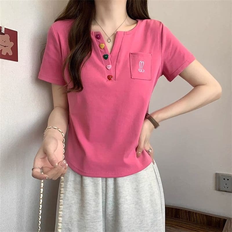 원본 원단 빅 사이즈 지방 mm 반팔 티셔츠 여성 주머니 자수 POLO 셔츠 곡선 밑단 이미지 3