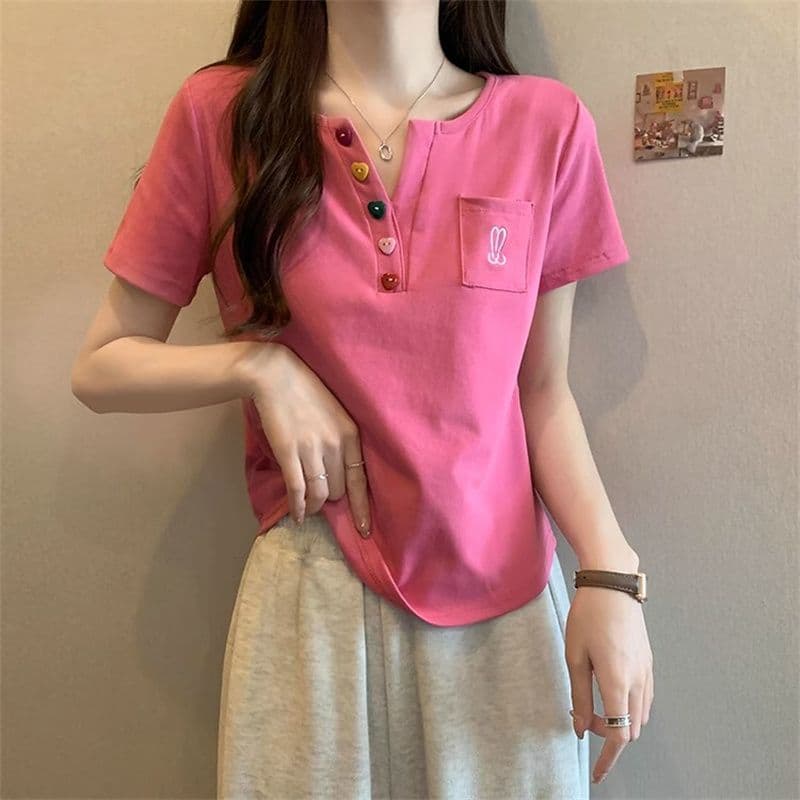 원본 원단 빅 사이즈 지방 mm 반팔 티셔츠 여성 주머니 자수 POLO 셔츠 곡선 밑단 상세 이미지 26