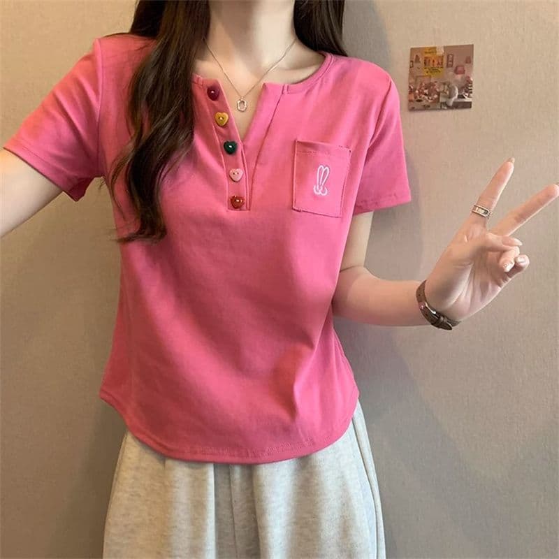 원본 원단 빅 사이즈 지방 mm 반팔 티셔츠 여성 주머니 자수 POLO 셔츠 곡선 밑단 상세 이미지 27