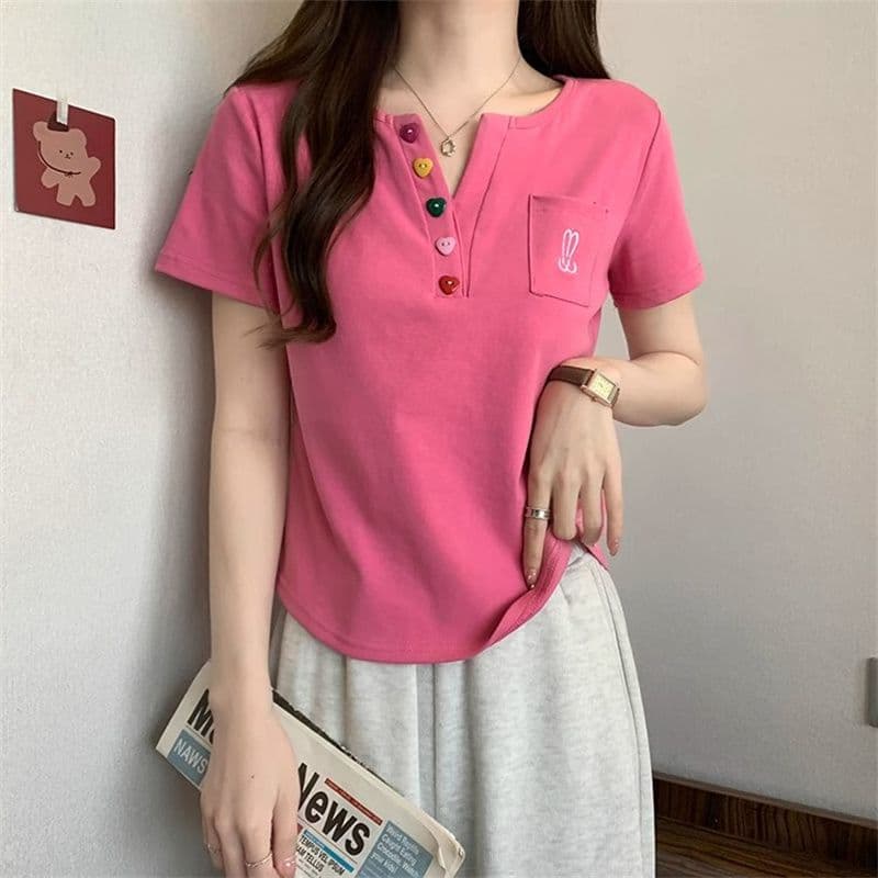 원본 원단 빅 사이즈 지방 mm 반팔 티셔츠 여성 주머니 자수 POLO 셔츠 곡선 밑단 상세 이미지 29
