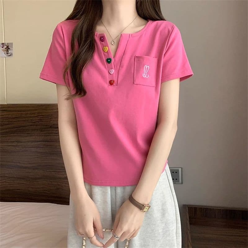 원본 원단 빅 사이즈 지방 mm 반팔 티셔츠 여성 주머니 자수 POLO 셔츠 곡선 밑단 상세 이미지 33