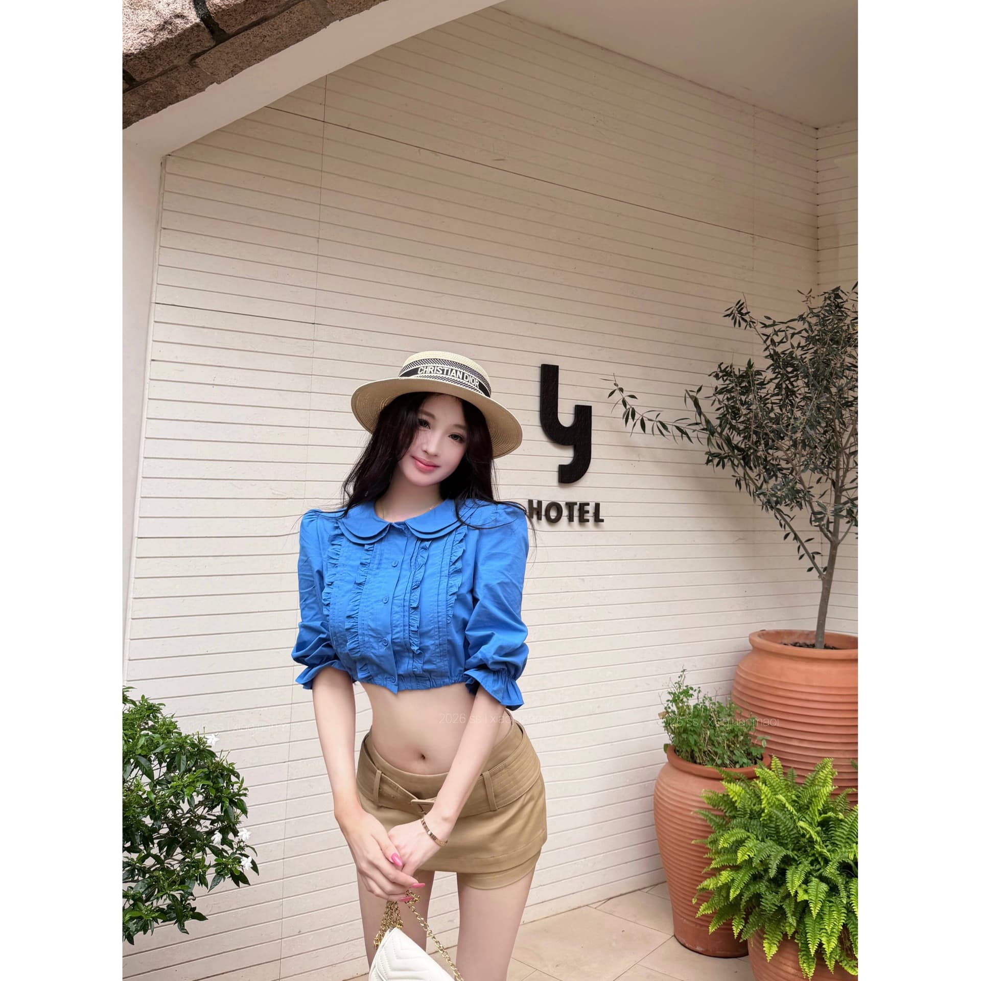 원본 품질 프릴 베이비 칼라 중간 소매 여성 셔츠 여름 몸매 가꾸기 셔츠 품격 쇼트 스타일 이슬 뼈의 맨위 이미지 5