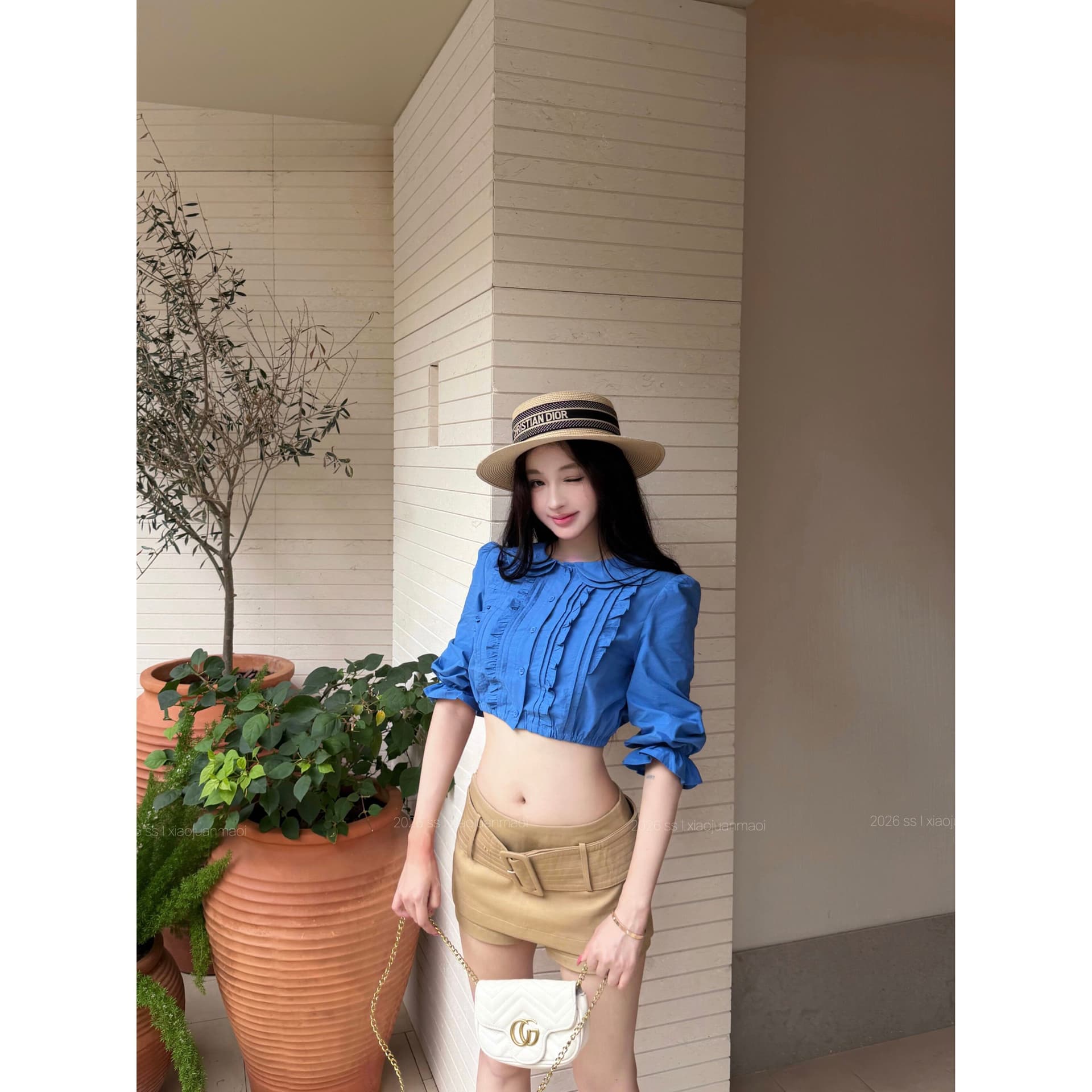원본 품질 프릴 베이비 칼라 중간 소매 여성 셔츠 여름 몸매 가꾸기 셔츠 품격 쇼트 스타일 이슬 뼈의 맨위 이미지 4