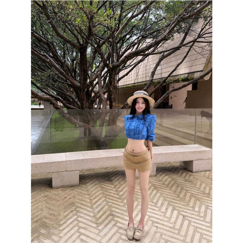 원본 품질 프릴 베이비 칼라 중간 소매 여성 셔츠 여름 몸매 가꾸기 셔츠 품격 쇼트 스타일 이슬 뼈의 맨위 이미지 3