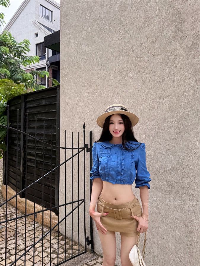 원본 품질 프릴 베이비 칼라 중간 소매 여성 셔츠 여름 몸매 가꾸기 셔츠 품격 쇼트 스타일 이슬 뼈의 맨위 상세 이미지 2