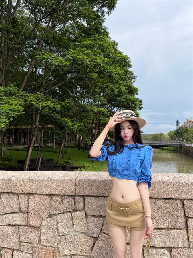 원본 품질 프릴 베이비 칼라 중간 소매 여성 셔츠 여름 몸매 가꾸기 셔츠 품격 쇼트 스타일 이슬 뼈의 맨위 상세 이미지 3