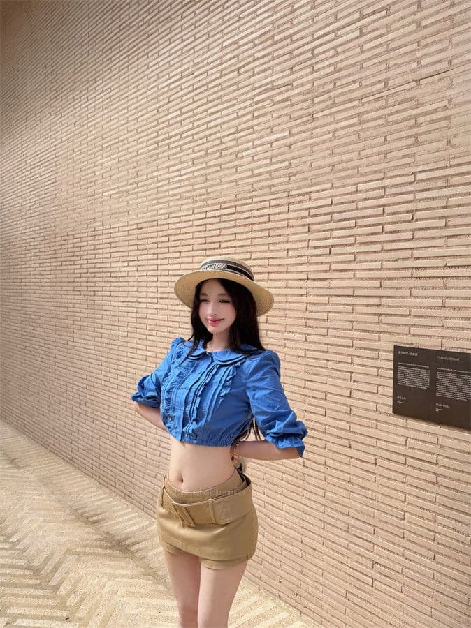 원본 품질 프릴 베이비 칼라 중간 소매 여성 셔츠 여름 몸매 가꾸기 셔츠 품격 쇼트 스타일 이슬 뼈의 맨위 상세 이미지 4