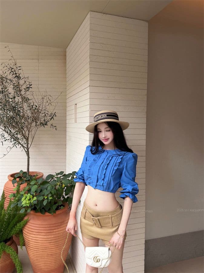 원본 품질 프릴 베이비 칼라 중간 소매 여성 셔츠 여름 몸매 가꾸기 셔츠 품격 쇼트 스타일 이슬 뼈의 맨위 상세 이미지 6